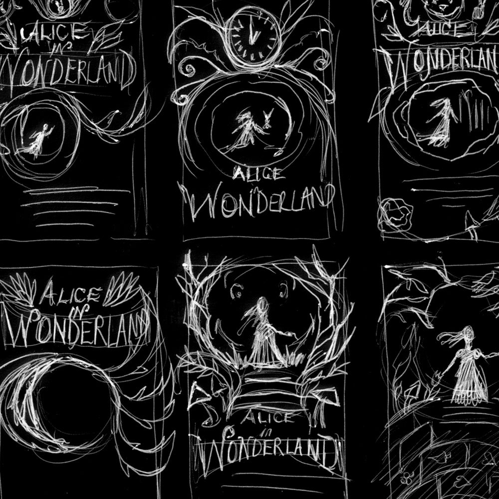 Early sketches for Alice in Wonderland digital design work at Theatre Avenue
