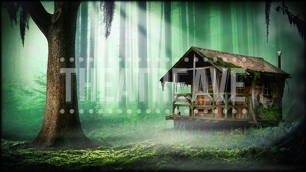 Hut in the Woods, a digital theatre projection backdrop perfect for shows like Big Fish, Into the Woods, Hansel and Gretel, and Tuck Everlasting