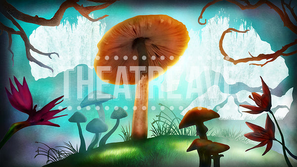 Mushroom Forest, a digital theatre projection backdrop perfect for shows like Alice in Wonderland on stage.