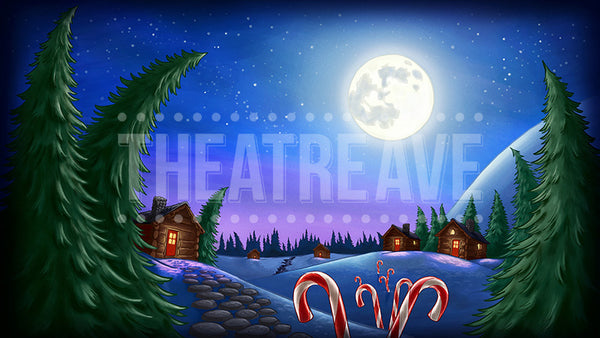 North Pole Village, a digital theatre projection backdrop perfect for shows like Elf the Musical and Twas the Night Before Christmas