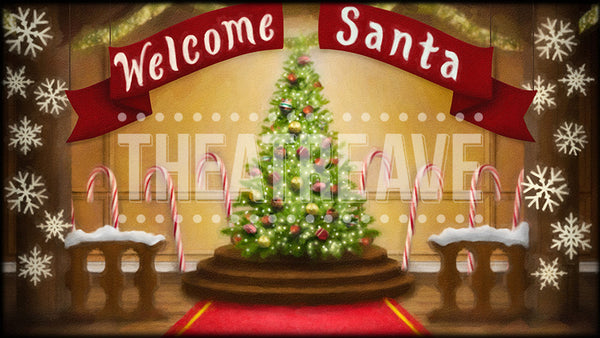 Welcome Santa a digital theatre projection backdrop perfect for shows like Elf the Musical, The Christmas Story, and T'was the Night Before Christmas.