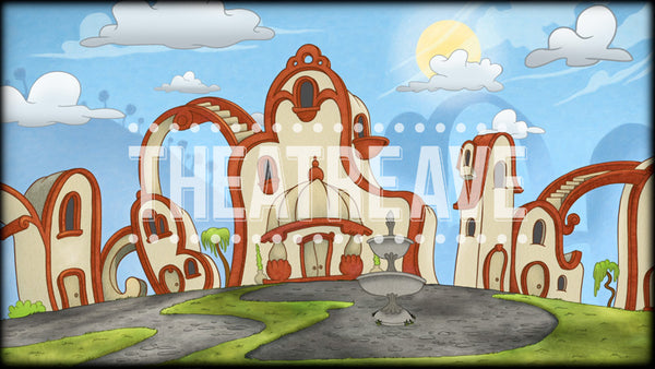 Whimsical Village a digital theatre projection backdrop perfect for shows like Seussical the Musical.