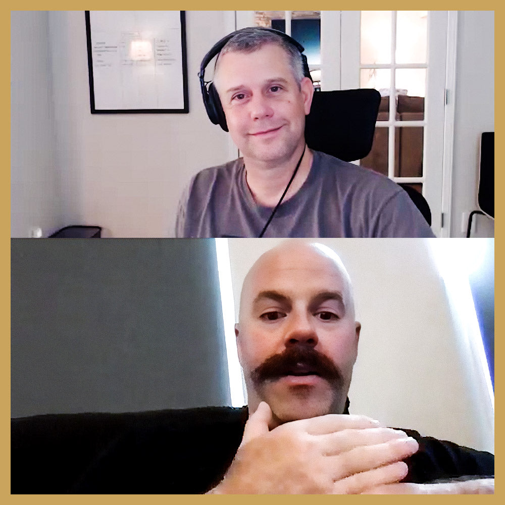 Mitch Stark and theatre director Blake Minor discussing early planning with digital projections during a podcast-style conversation for theatre educators.