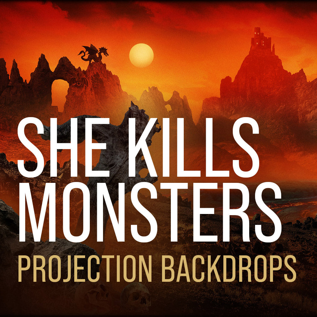 She Kills Monsters digital projection backdrop with dragon, cliffs, and epic fantasy landscape for theatre and school productions.