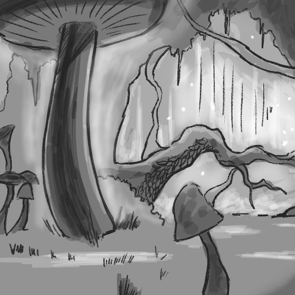 Early digital sketches for Alice in Wonderland digital projection backdrops