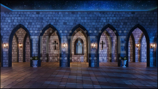 Abbey Courtyard II at Night, a Sound of Music projection backdrop and digital scenery by Theatre Avenue.