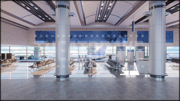 Airport Terminal, a Come From Away projection backdrop and digital scenery by Theatre Avenue.