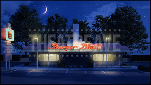 Burger Blast Diner at Night, a Footloose projection backdrop and digital scenery by Theatre Avenue.