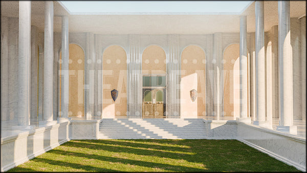 Boarding School Courtyard, a Descendants projection backdrop and digital scenery by Theatre Avenue.