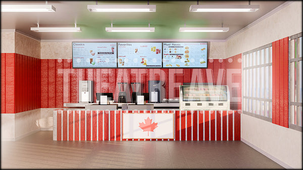 Canadian Donut Shop, a Come From Away projection backdrop and digital scenery by Theatre Avenue.