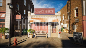 Candy Shop Front, a Charlie and the Chocolate Factory projection backdrop by Theatre Avenue.