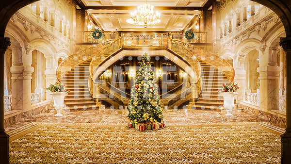 Christmas Mansion with Tree, an Annie digital projection backdrop by Theatre Avenue.