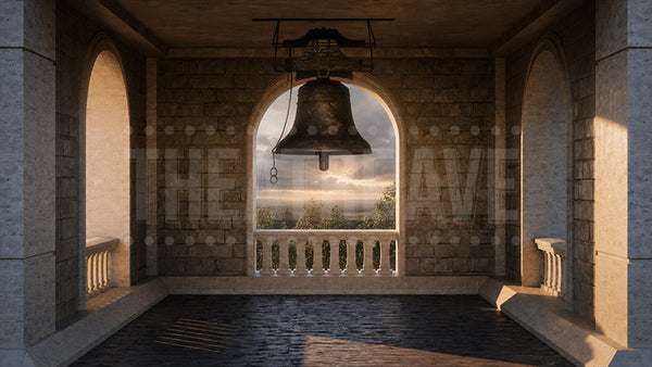 Church Bell Tower at Sunset, a Gentleman's Guide projection backdrop and digital scenery by Theatre Avenue.