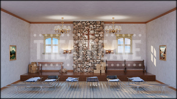 Church Shelter, a Come From Away projection backdrop and digital scenery by Theatre Avenue.