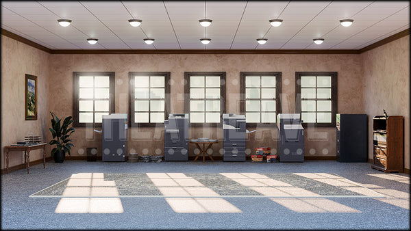 Copy Room, a 9 to 5 Musical projection backdrop and digital scenery by Theatre Avenue.