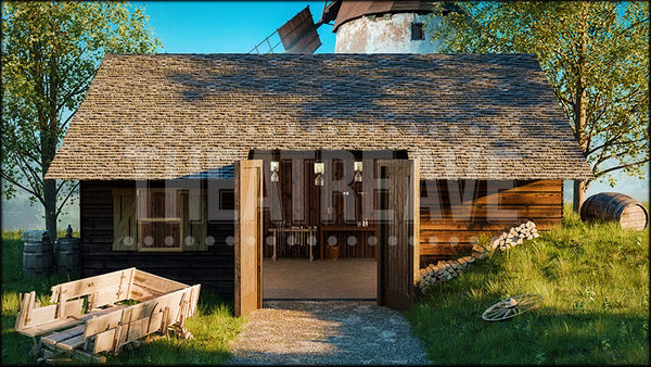 Countryside Garage, a Chitty Chitty Bang Bang projection backdrop and digital scenery by Theatre Avenue.
