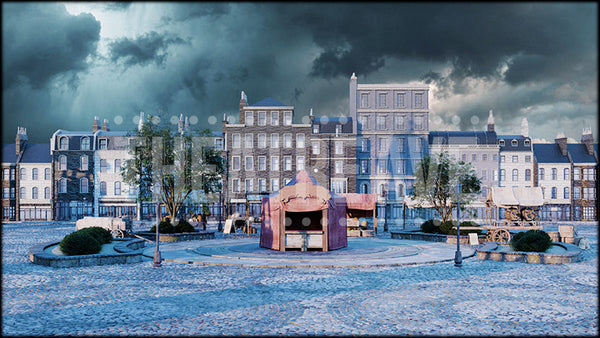 European Town Market, a Magician's Elephant projection backdrop and digital scenery by Theatre Avenue.