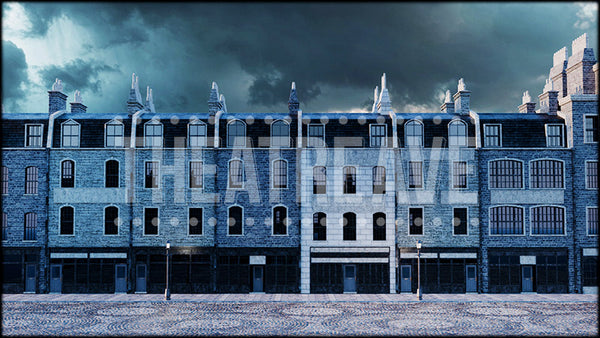 European Town Street, a Magician's Elephant projection backdrop and digital scenery by Theatre Avenue.