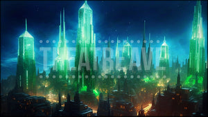 Futuristic Emerald City, a Wiz projection backdrop by Theatre Avenue.