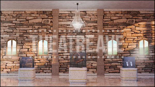 Create the perfect museum scene for Descendants with this digital projection backdrop—featuring stone walls, display pedestals, and enchanted relics for your stage.