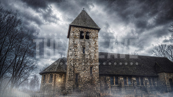 Gothic Village Church, a Sleepy Hollow projection backdrop and digital scenery by Theatre Avenue.