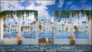 Greek Village Vista, a Mamma Mia projection backdrop and digital scenery by Theatre Avenue.