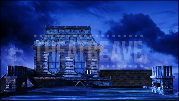 Haunted Rooftop at Night, a Beetlejuice projection backdrop and digital scenery by Theatre Avenue.