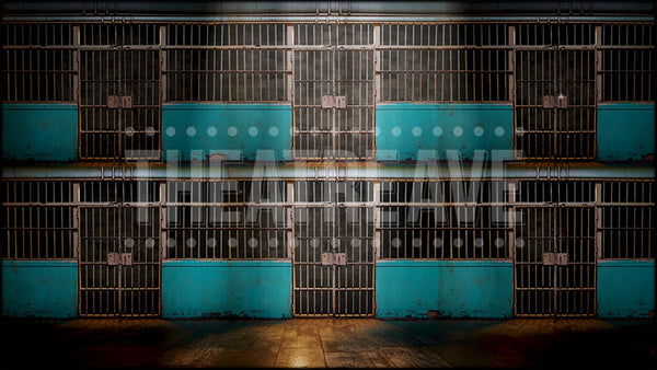 Jail cells in an old rusty prison block, an All Shook Up projection backdrop by Theatre Avenue.