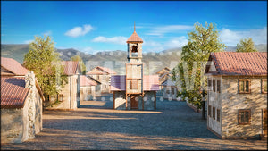 La Mancha Village, a Don Quixote projection backdrop and digital scenery by Theatre Avenue.