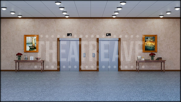 Office Elevators, a 9 to 5 projection backdrop and digital scenery by Theatre Avenue.