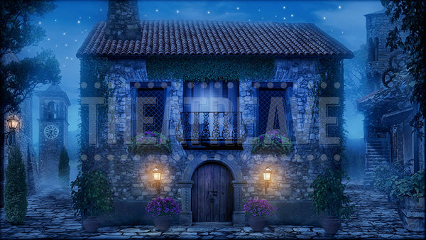 Olde World Village at Night, a Romeo and Juliet projection backdrop by Theatre Avenue.