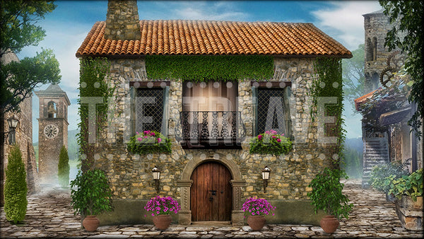 Olde World Village, a Romeo and Juliet projection backdrop and digital scenery by Theatre Avenue.