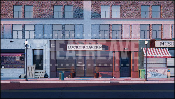 Outside Bar, a Sister Act projection backdrop and digital scenery by Theatre Avenue.