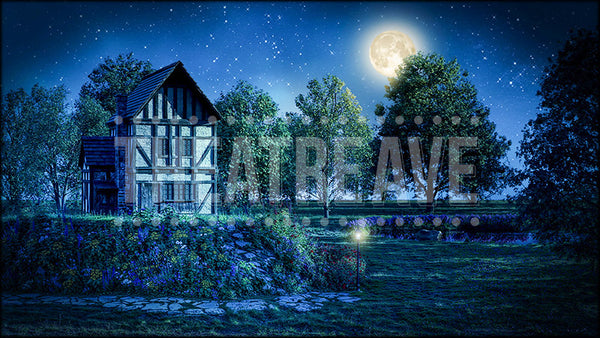 Peaceful Cottage at Night, a Cinderella backdrop projection by Theatre Avenue.