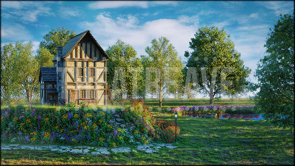 Peaceful Cottage, a Beauty and the Beast projection backdrop by Theatre Avenue.