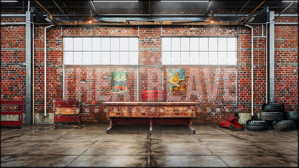Retro Garage Interior, a Grease projection backdrop by Theatre Avenue.