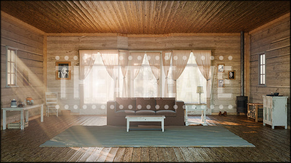 Rustic Farmhouse Interior, a Charlotte's Web projection backdrop and digital scenery by Theatre Avenue.