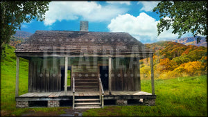 Rustic Mountain House, a Tuck Everlasting projection backdrop by Theatre Avenue.