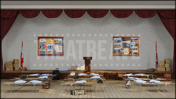 School Shelter, a Come From Away digital projection backdrop and scenery by Theatre Avenue.