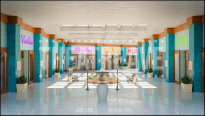 Shopping Mall, a Junie B. Jones projection backdrop and digital scenery by Theatre Avenue.
