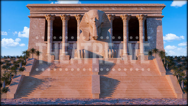 Ancient Egyptian temple backdrop with grand stone steps and pharaoh statue, ideal for Aida, Joseph and biblical theatre productions.