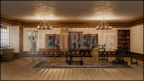Tailor Shop, a Gentleman's Guide projection backdrop and digital scenery by Theatre Avenue.