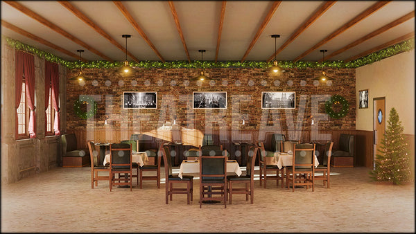 Tavern Restaurant at Christmas, an Elf the Musical projection backdrop and digital scenery by Theatre Avenue.