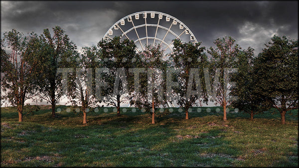 Town Fairground Cloudy, an All Shook Up animated projection with a ferris wheel and trees.