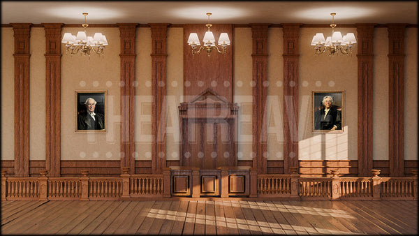 Traditional Courtroom, a Wind in the Willows projection backdrop and digital scenery by Theatre Avenue.