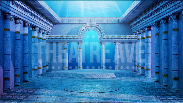 Stylized blue interior with classical architecture, an underwater temple projection backdrop by Theatre Avenue.