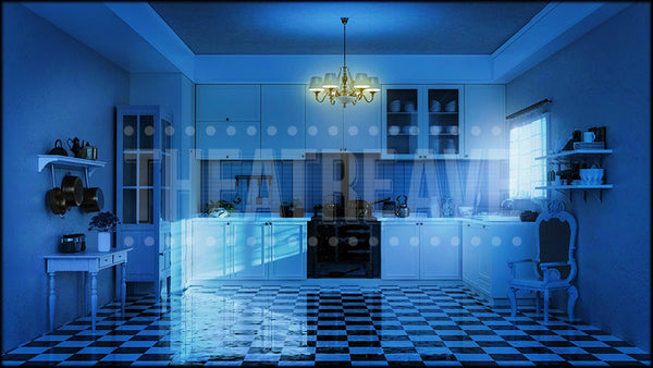 Victorian Kitchen at Night, a CLUE projection backdrop and digital scenery by Theatre Avenue.