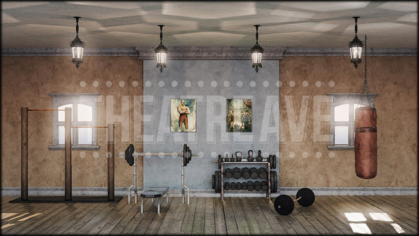 Vintage Gym interior with exercise equipment on a wooden floor, a Theatre Avenue projection backdrop and digital scenery.