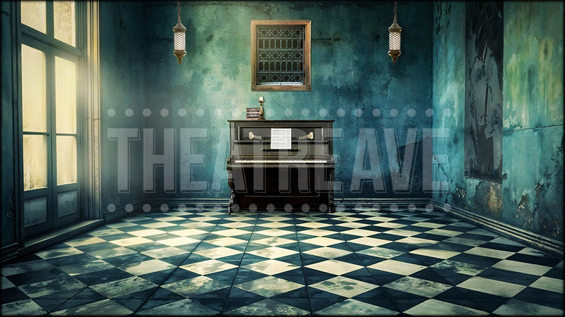 Vintage Music Hall, a Hadestown projection backdrop and digital scenery by Theatre Avenue.