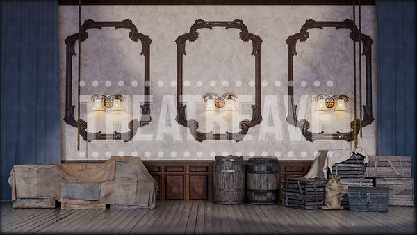 Vintage Theater Backstage, a Finding Neverland projection backdrop and digital scenery by Theatre Avenue.